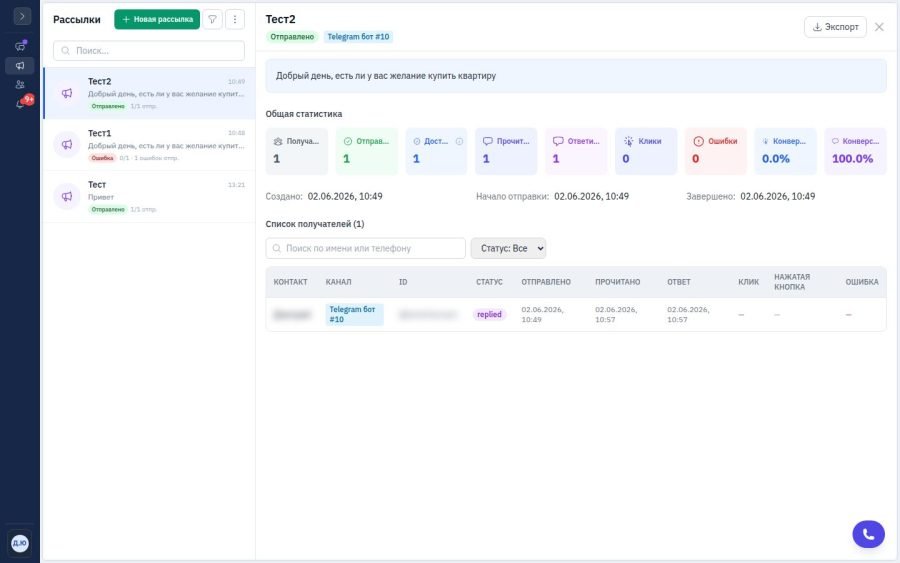 Карточка рассылки AI Platform: отправлено, доставлено, прочитано, ответы, переходы и ошибки