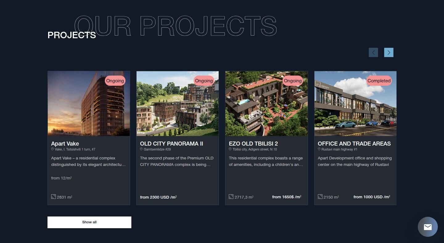 Сайт Apart Development в тёмной теме: раздел «Our projects» с карточками жилых комплексов
