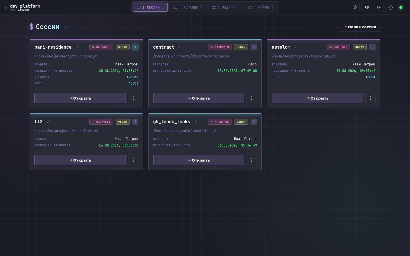 Рабочие сессии Dev Platform: окружение, проект, владелец и последняя активность