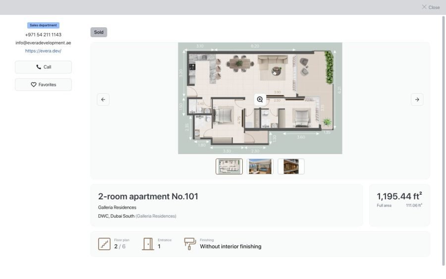 Карточка квартиры на сайте Evera Development: планировка, площадь, этаж и отделка