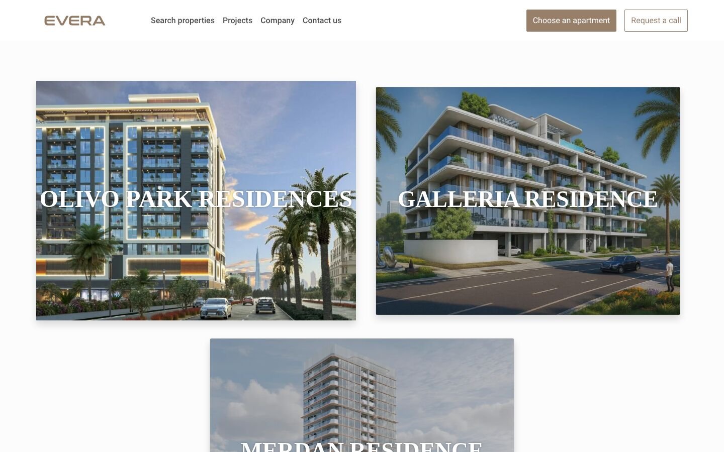 Первый экран сайта Evera Development: жилые проекты застройщика в ОАЭ