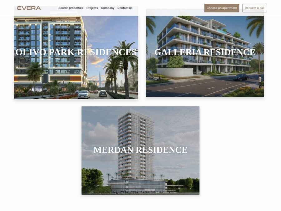 Блок проектов на сайте Evera Development: карточки трёх жилых комплексов
