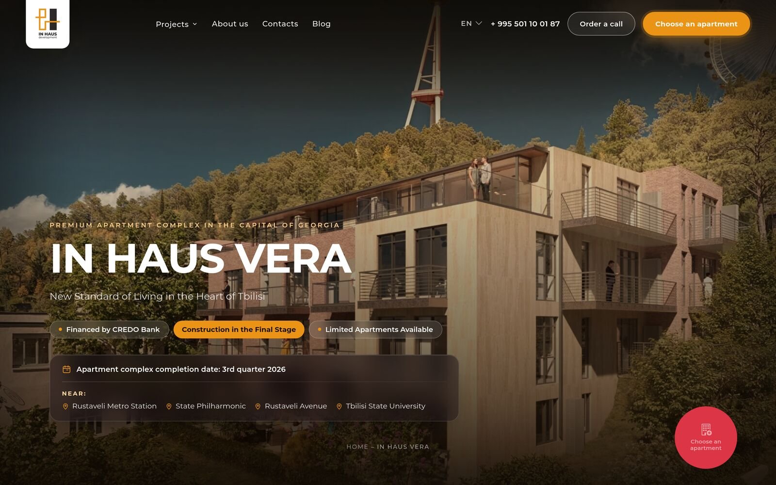Страница жилого комплекса IN HAUS VERA: обложка проекта с названием, статусом и сроком сдачи