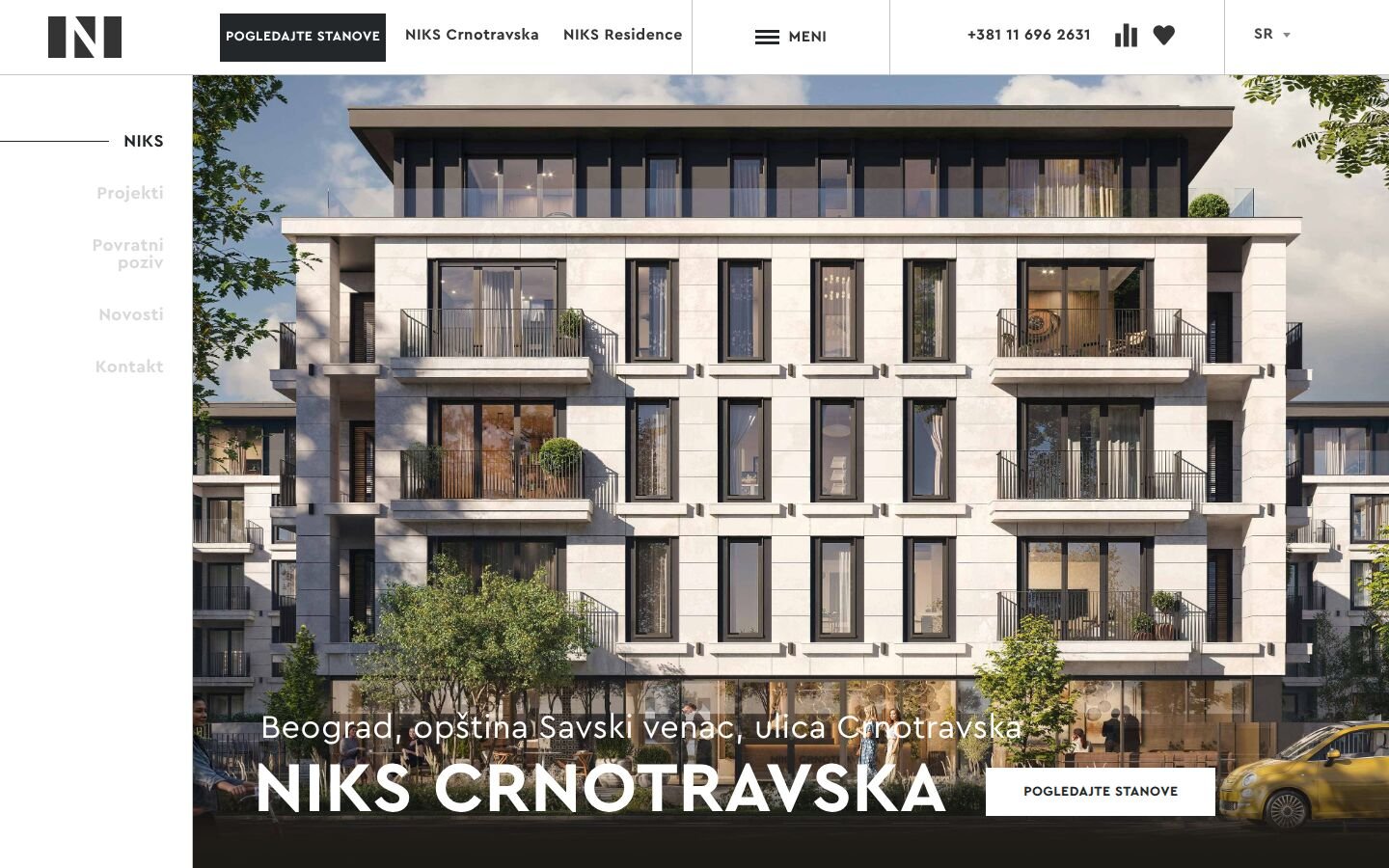 Первый экран сайта NIKS: рендер фасада комплекса NIKS Crnotravska в Сербии