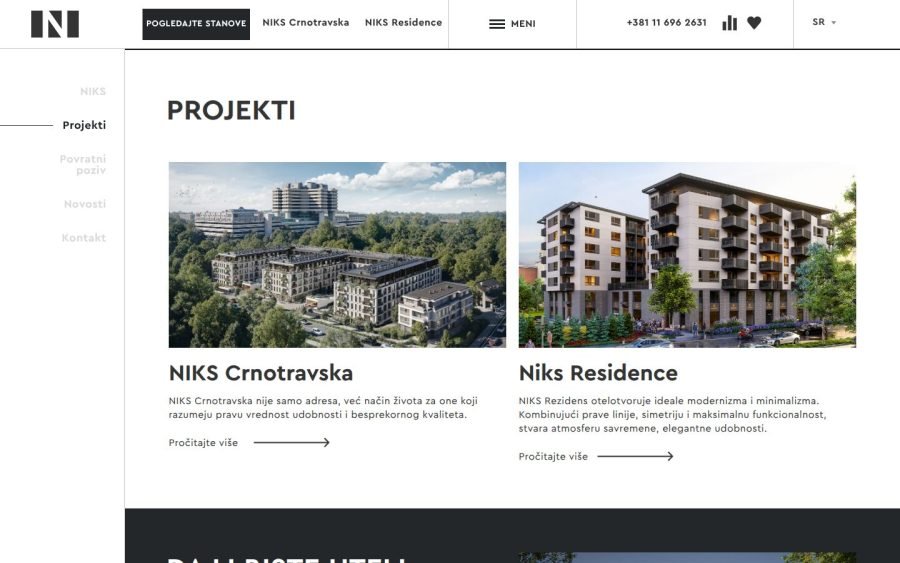 Блок проектов на главной сайта NIKS: карточки комплексов NIKS Crnotravska и Niks Residence