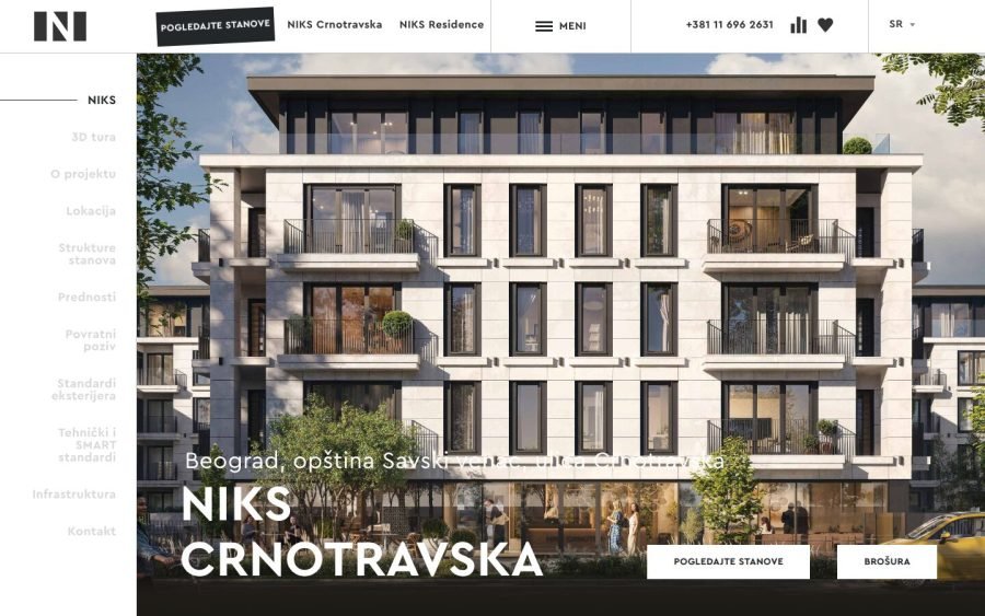 Первый экран страницы комплекса NIKS Crnotravska: меню разделов, кнопки выбора квартиры и брошюры
